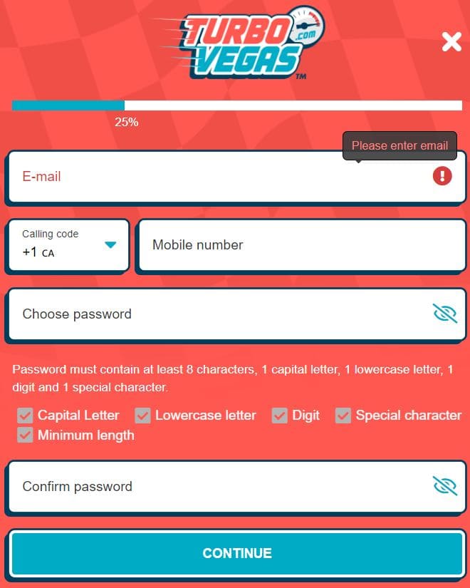Turbo Vegas Registration Step 3