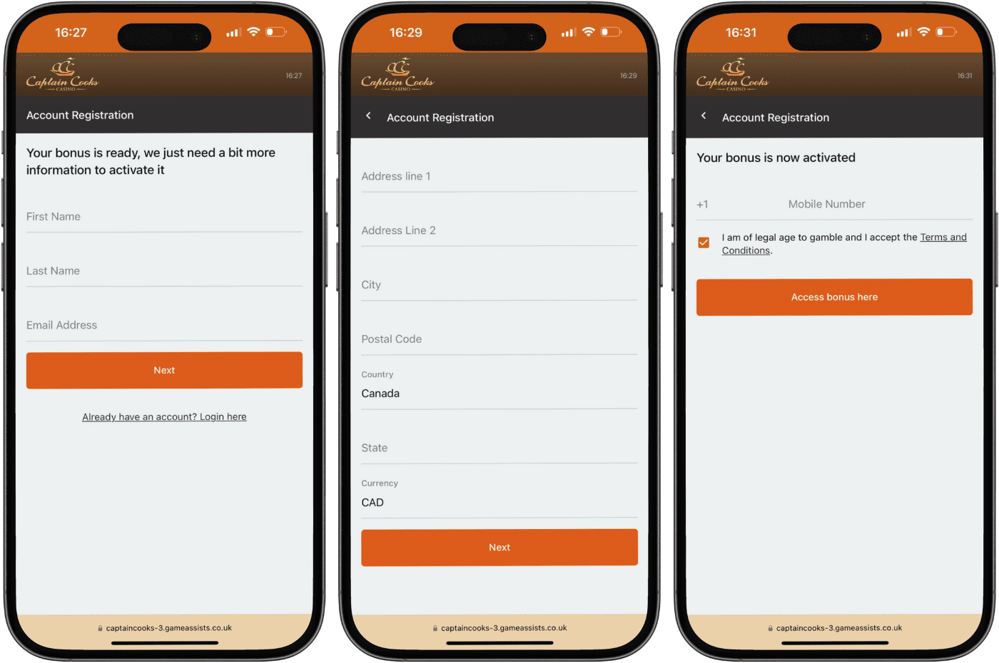Captain Cooks Casino sign-up screenshots for iPhone