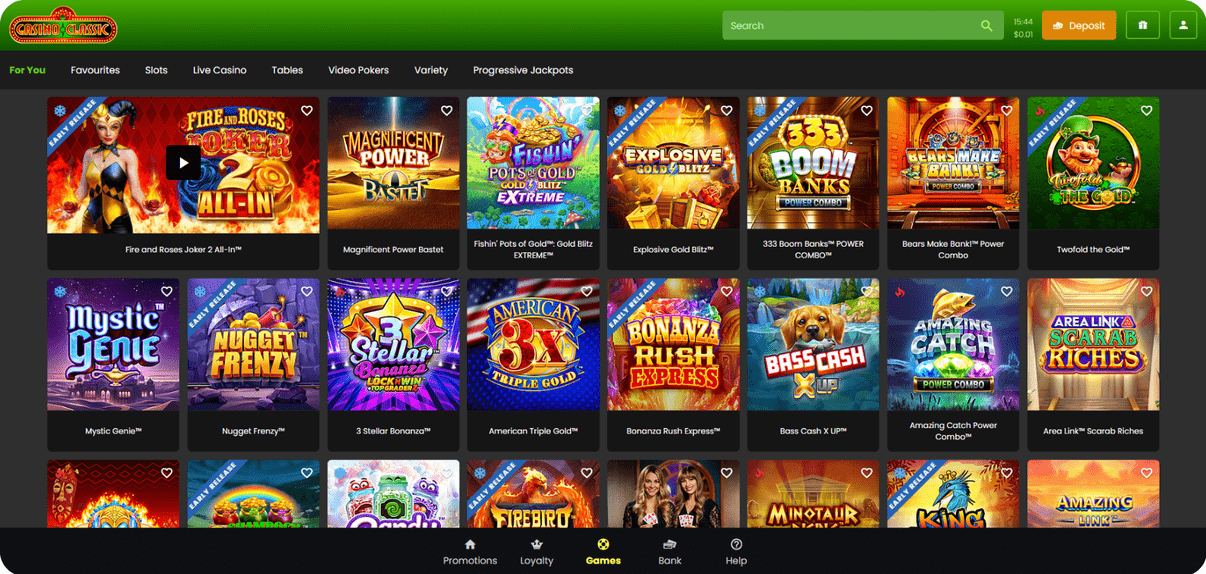 We discovered a vast range of slots on the site, from classic 3 and 5-reel options to visually stunning themed slots. There are several high-RTP games available, including some of our personal favorites: