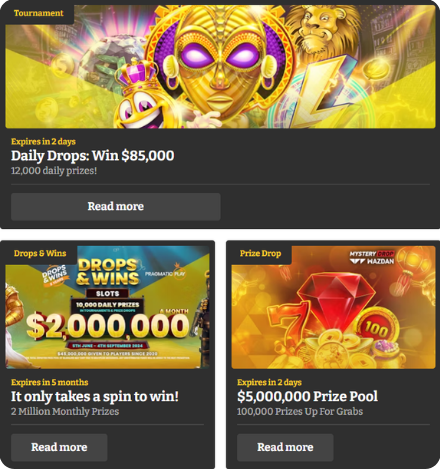 Screenshot of Lucky Spins Casino promotions.