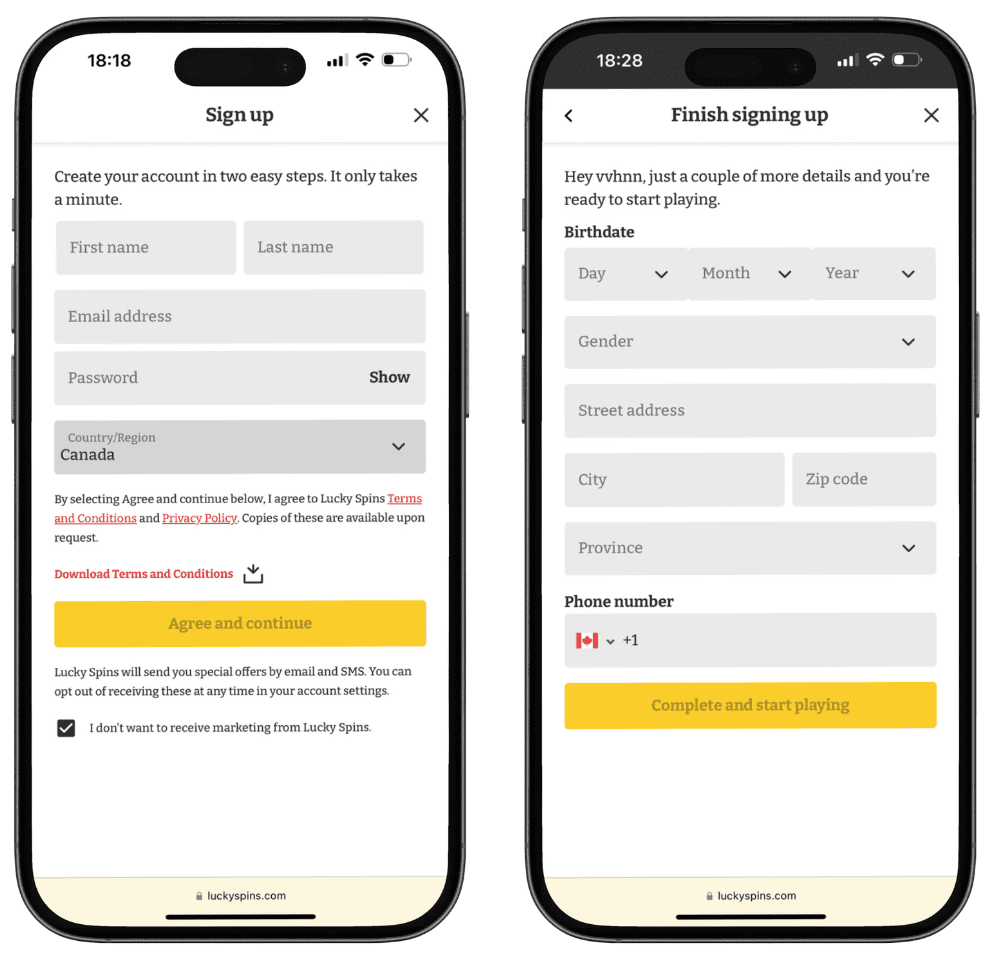 Screenshots of the Lucky Spins Casino sign-up process on iPhone.