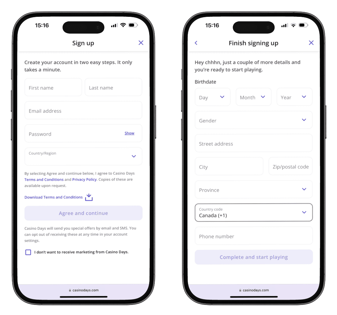 Casino Days sign-up screenshots on iPhone