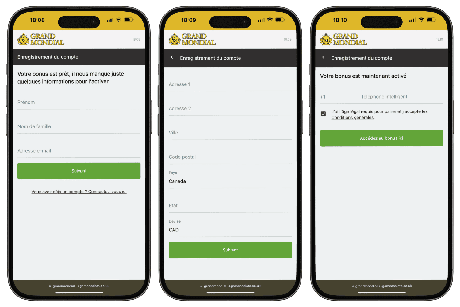Vision de la page des étapes d'enregistrement de Grand Mondial Casino sur un iPhone