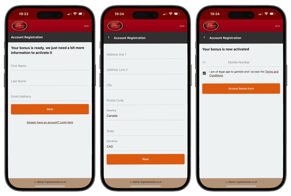 Screenshots of the Villento Casino registration on iPhone