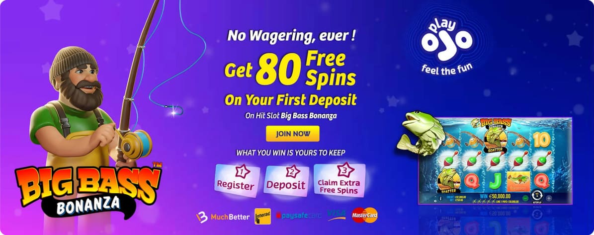 These free spins from PlayOJO don't have any wagering requirements and can be used on the popular Big Bass Bonanza slot. Every win you get is yours to keep, and you can cash it out whenever you like. Each spin is valued at C$0.10, making your freebies even more exciting.