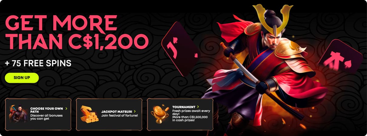 Look for the banner showcasing the welcome bonus at Spin Samurai Casino.