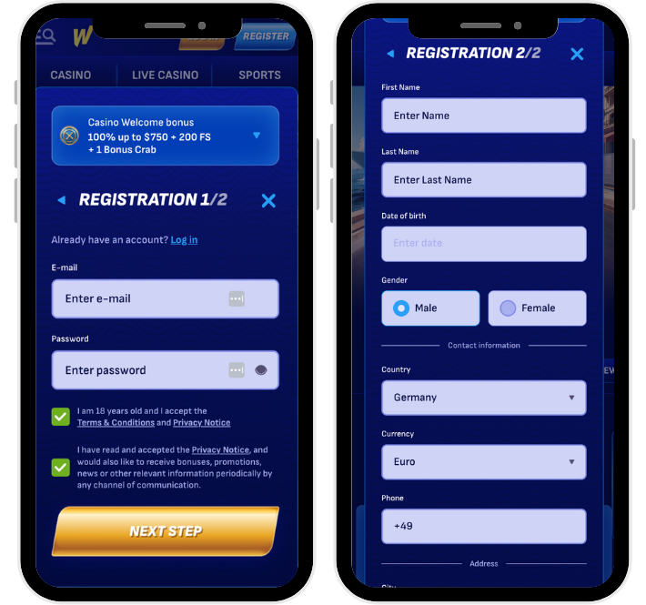 Wonaco Casino sign up screenshot